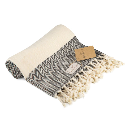 |Pack of 2| YURTLU'S TURKISH COTTON Golden Sands Series Beach Towel - Black | 71 x 37 in 100% Cotton