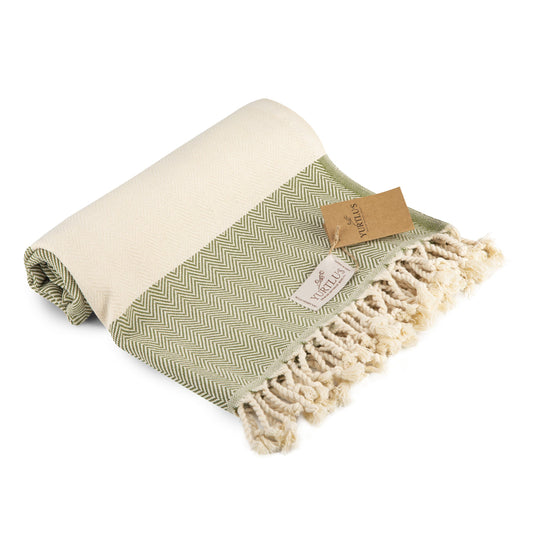 |Pack of 2| YURTLU'S TURKISH COTTON Golden Sands Series Beach Towel - Olive Green | 71 x 37 in 100% Cotton