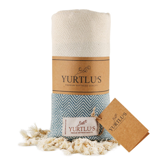 YURTLU'S TURKISH COTTON Golden Sands Series Beach Towel - Petrol Blue | 71 x 37 in 100% Cotton