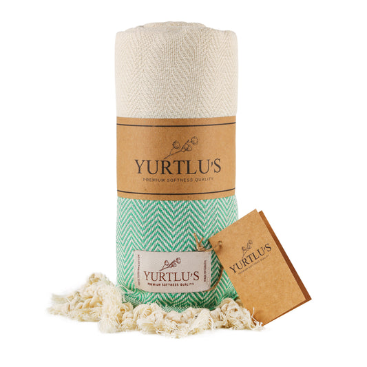 YURTLU'S TURKISH COTTON Golden Sands Series Beach Towel - Green | 71 x 37 in 100% Cotton